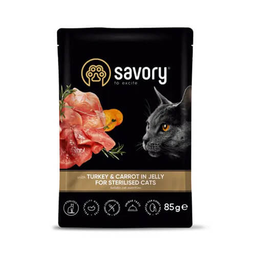 Savory Sterilised Cat Pouch with Turkey and Carrot in Jelly