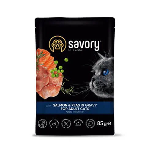 Savory Adult Cat Pouch with Salmon and Peas in Gravy